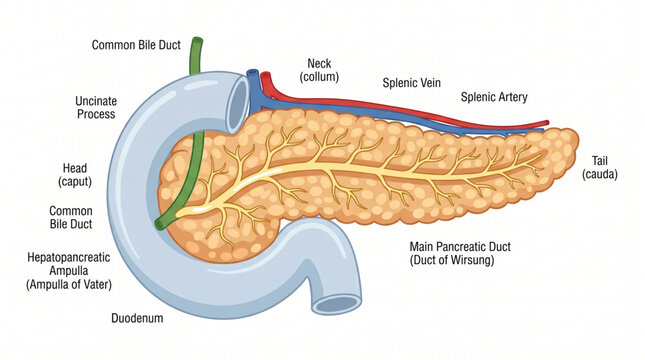Medical illustration of pancreas anatomy isolated on white background, healthcare concept, vector