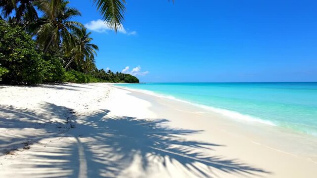 Scenic beach shot featuring white sand, clear turquoise waters and palm tree shadow