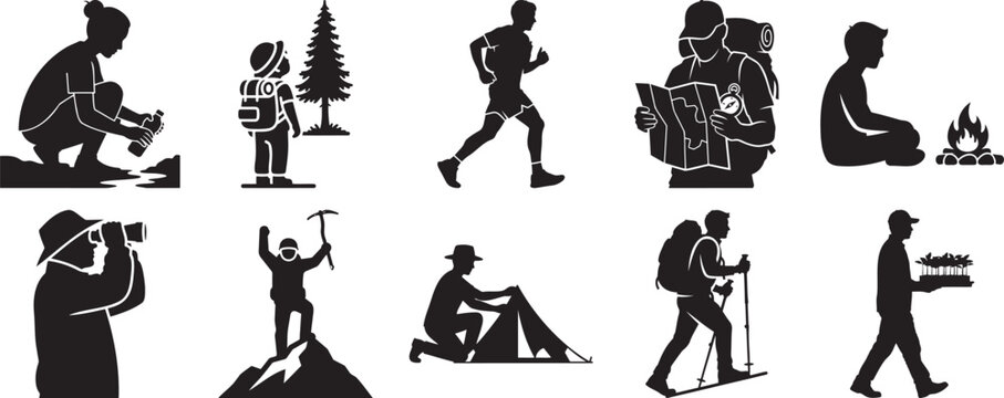 Diverse Vector Silhouettes of Outdoor Activities, including Hiking, Camping, Running, Mountaineering, and Nature Exploration
