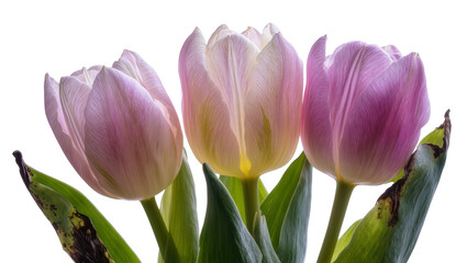 Naklejka premium Three pastel colored tulips with green leaves