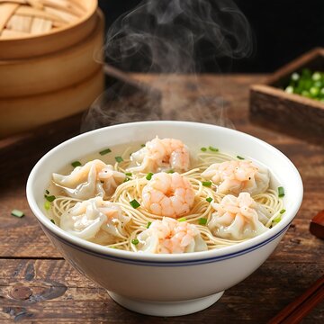 Steaming bowl of Zhu Sheng Yun Tun Mian with shrimp and wontons