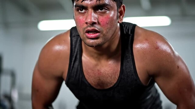A man is exhausted with sweat on his face and chest, working out