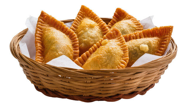 Golden fried empanadas in woven basket with white paper lining