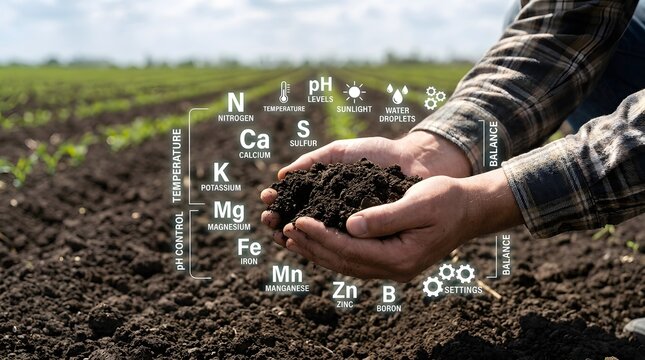 
Farmer hands holding fresh dark soil with floating holographic chemical element icons calcium nitrogen magnesium phosphorus potassium in green crop field, soil analysis agricultural science nutrition