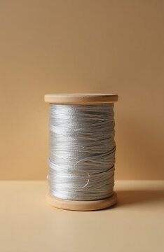 Silver thread on wooden spool. Sewing material for craft, tailoring, and art projects. Versatile fiber for DIY, repair, and textile creation.