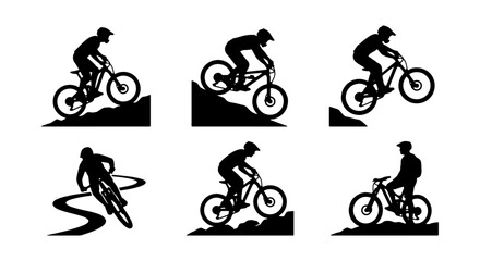 Mountain Bike Silhouettes, Extreme Sports Cyclist Action Poses, Downhill Cycling Vector Icons © Kamrul