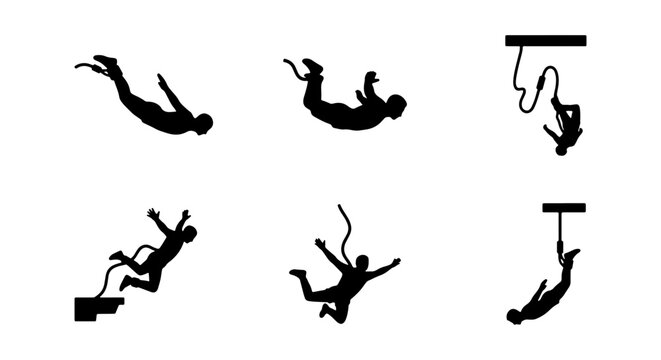 Bungee Jumping Silhouettes, Extreme Sports Action, Adventure Vector Icons, Thrill Seeker Poses