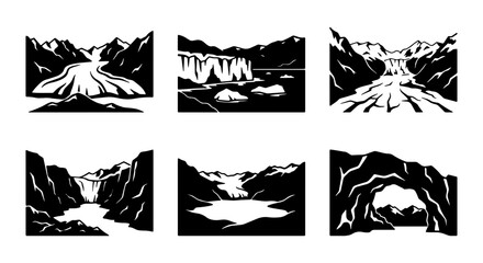 Glacier Landscapes Vector Icons, Mountain Scenery, Ice Formations, Nature Scenes, Outdoor Elements © Kamrul