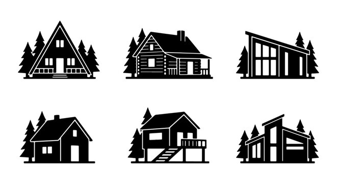 Modern and Rustic Cabin Icons, Forest Dwelling Vector Set, Architectural Home Styles Collection