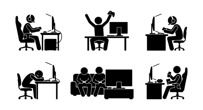 Gamer Lifestyle Icons, Digital Entertainment, Online Gaming, Esports, Casual Play, Stick Figures
