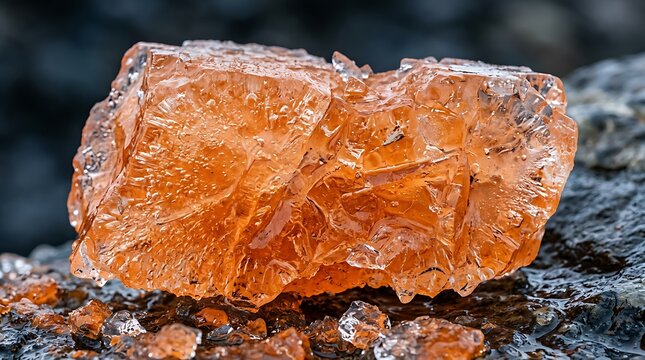 Macro photograph of a raw orange mineral crystal resting on a dark rocky surface.
