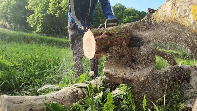 Low angle 240fps super slow motion of a tree log breaking and falling to the ground during chainsaw cut. Dangerous industrial forestry labor and professional lumberjack equipment