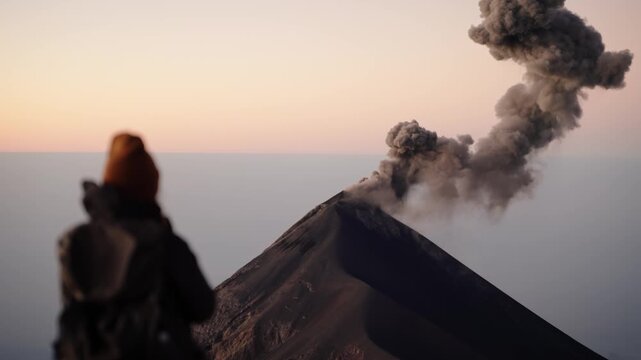 Woman watching Fuego Volcano eruption with ash plume at sunrise Guatemala