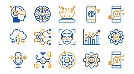 Fototapeta premium Artificial Intelligence and Machine Learning Icons Set with Brain, Face Recognition, and Technology Concepts