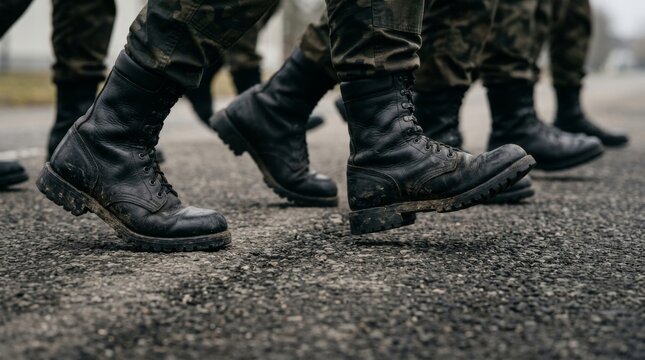 Line of soldiers marching in combat boots on road. Camouflage pants and black laced footwear stepping forward. Military discipline unity and training concept for armed forces.