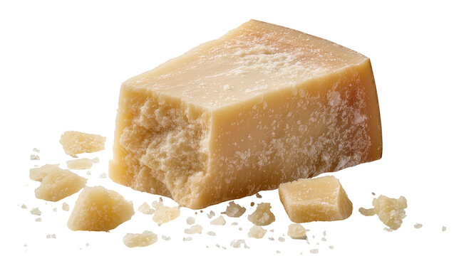 Hard aged Parmesan cheese block with crumbs and small pieces