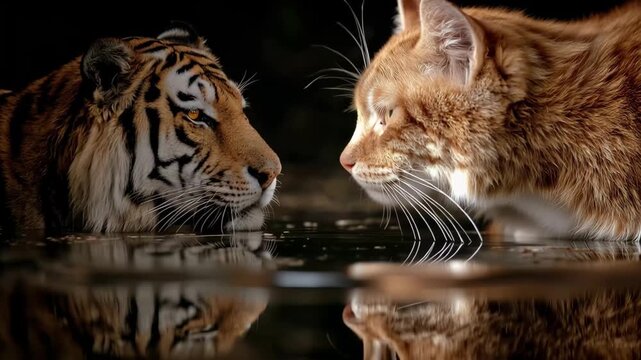 Tiger and Bobcat heads in water with reflection during twilight cinematic motion