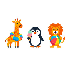 Naklejka premium Colorful cartoon zoo animals with beach balls and ice cream