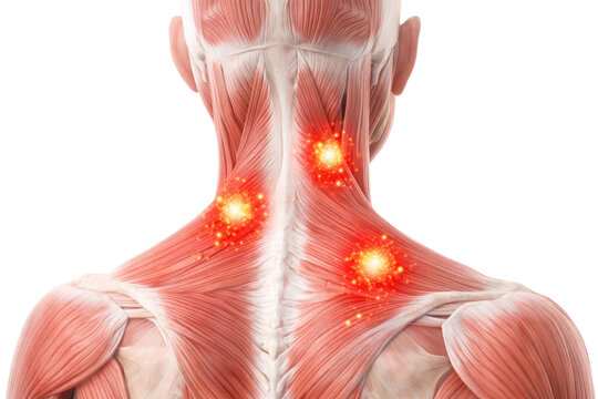 Posterior cervical muscle structure with illuminated inflammation areas spinal strain healthcare anatomy rendering isolated on white background