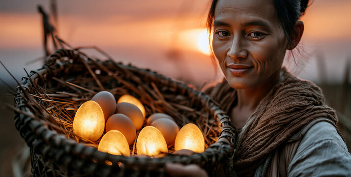 Aged lady cares. Aged female tending to luminous eggs peacefully in calm evening setting