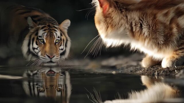 Tiger and domestic cat drinking water reflection during sunset golden hour cinematic