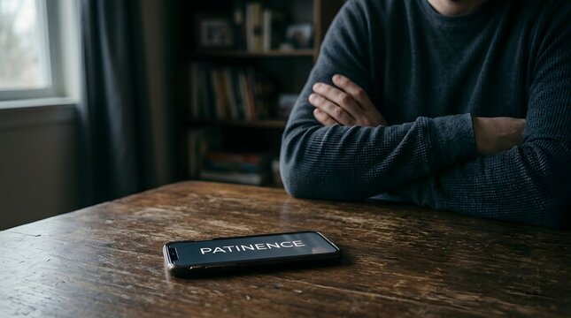 Smartphone displaying patience word on screen on wooden table with man wearing dark sweater sitting with crossed arms in dimly lit room, patience virtue self control, mindfulness mental discipline 