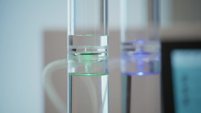 Close up of laboratory hydrogen reactor tubes illuminated in blue and green tones representing hydrogen energy pathways and sustainable industrial innovation