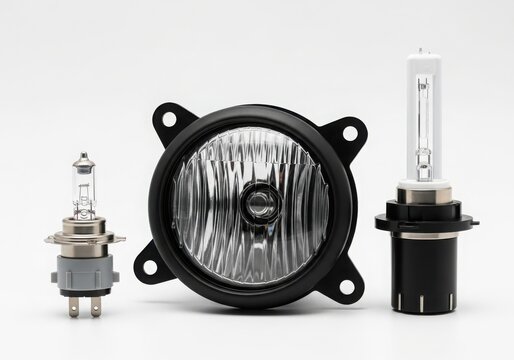 Assorted automotive headlight components arranged on white background