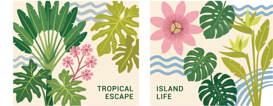 Summer abstract tropical horizontal background, cover, banner, card set. Modern poster with simple tropical leaves, wave, flowers. Vacation time, travel, beach concept.Trendy minimalist illustration.