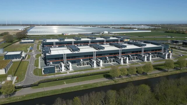 Cinematic drone footage of a large hyperscale datacenter campus in the Netherlands featuring modern cloud computing infrastructure, AI server facilities.