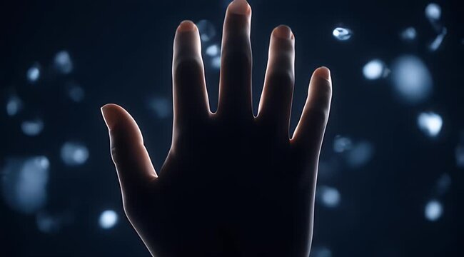 Silhouette of Hand Reaching Towards Floating Snowflakes in Dark.