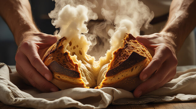 Hands Tearing Fresh Steaming Sourdough Bread Apart on Rustic Table