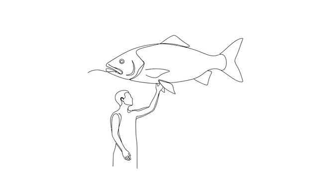 Man holding a giant fish above his head, illustration