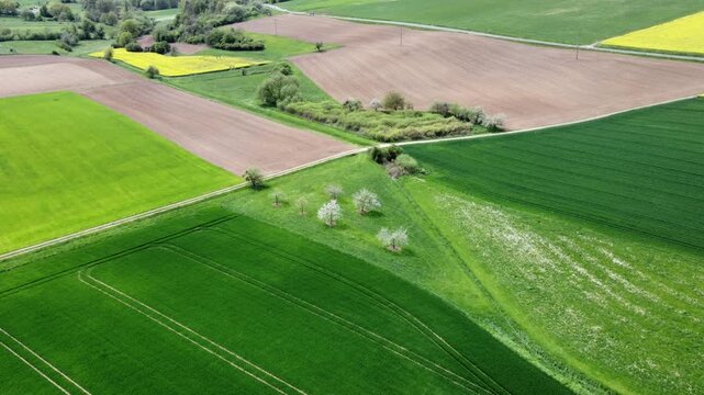 Drohne fliegt &uuml;ber vielf&auml;ltige Agrarlandschaft im Fr&uuml;hling, Landwirtschaft, Luftaufnahme, Bayern