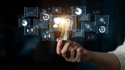 Fototapeta premium AI analytics turns big data into insight for forecasting and decisions. AI financial BI analytics supports monitoring, AI analytics strengthens finance business strategy with faster analysis. Corpus