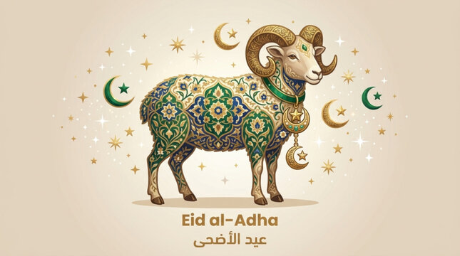 Detailed ram illustration with green and gold floral motifs for Eid al-Adha holiday greeting card