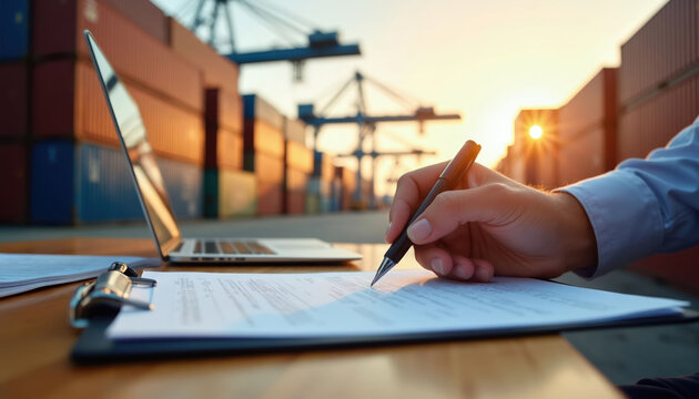 Man reviews papers at shipping yard with stacked cargo containers and cranes visible. Laptop and pen nearby suggest work on logistics or trade documentation. Sunset light illuminates scene.