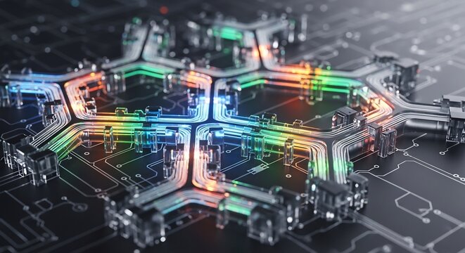 Futuristic Hexagonal Microchip with Colorful Data Streams.