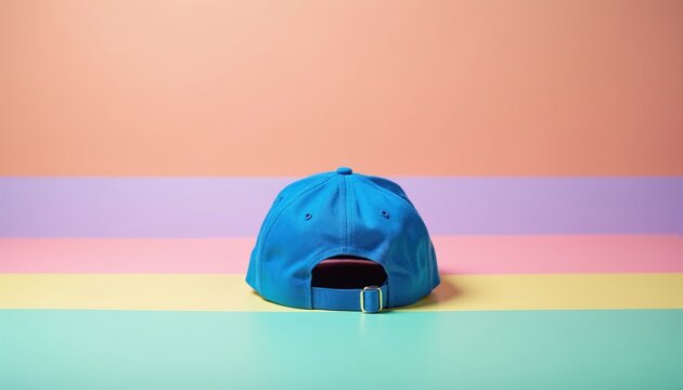 Blue baseball cap worn backward on a pastel gradient background. This plain headwear accessory is ideal for casual fashion or sports branding.