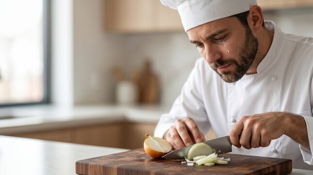 Chef cutting onions on wooden board in kitchen tears in eyes from chopping