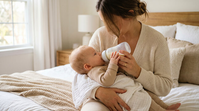 Mother feeding baby with bottle in cozy bedroom