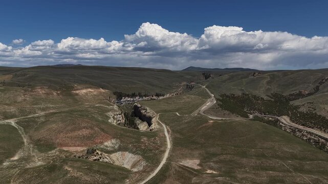 Wide aerial of canyon next to US Highway 191 in Ashley National Forest in Utah in spring