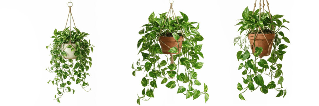 A Set of hanging pothos plants trailing ivy vines in macrame and terracotta pots lush green foliage home decor PNG for interior design, boho posters and branding

