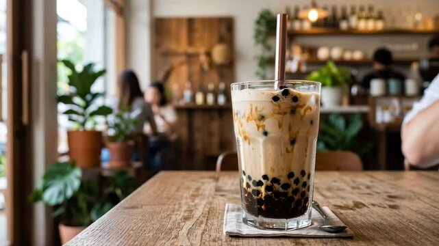 A hand stirring a glass of bubble tea in a cozy caf? with patrons and greenery in the background
