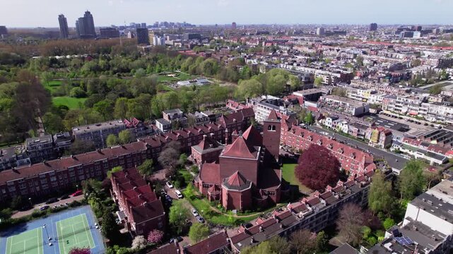 Aerial of residential neighbourhood Watergraafsmeer in Amsterdam, The Netherlands. Dutch housing market real estate investment