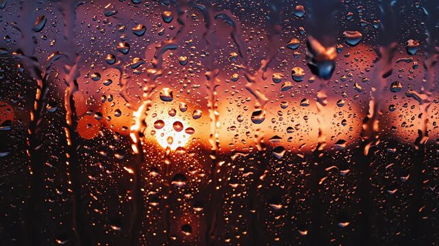 Evening rain droplets on window with intense orange sunset glow