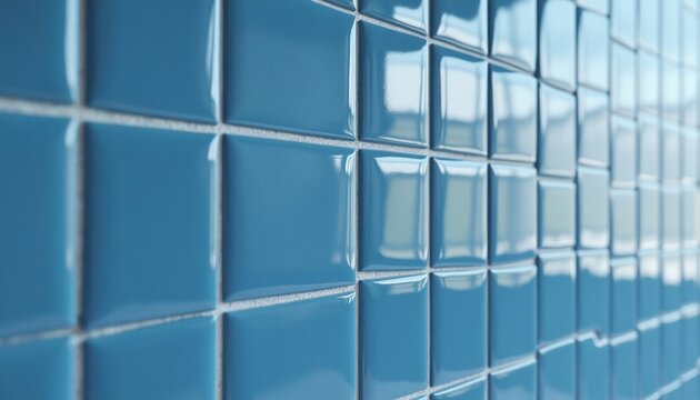 Glossy blue ceramic wall tiles are arranged vertically in a modern stacked pattern. The clean shiny surface offers a smooth reflective texture suitable for interior design backgrounds.