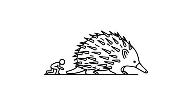 Funny cartoon echidna and tiny person walking together on white background