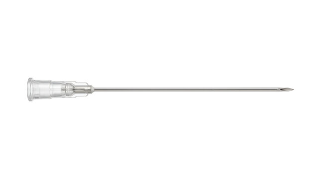 A close-up, side-view of a sterile, medical hypodermic needle with a clear plastic hub, isolated on a white background, symbolizing healthcare and medical procedures
