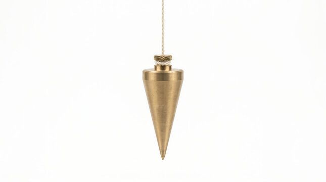 A brass plumb bob hanging from a string, a tool used in construction and surveying to establish a vertical line
